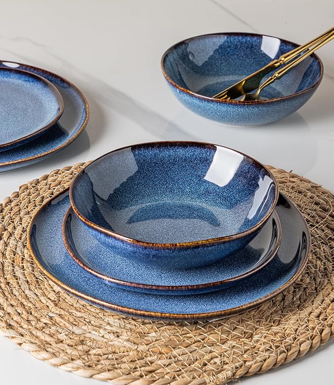 GBHOME Stoneware Dinnerware Sets for 6,18 Piece Rustic Plates and Bowls Set | Earthenware Handmade Reactive Glaze Plate Sets, Chip Resistant Ceramic Dishes, Microwave & Dishwasher Safe, Sea Blue