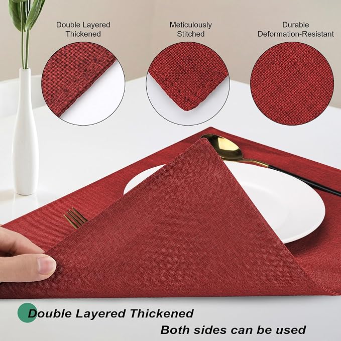 Cloth Placemats Set of 6, Cotton Linen Blend Place Mats, Red | Machine Washable, Double Layered, Heat Resistant, Fabric Dining Table Mats for Kitchen, Indoor & Outdoor, 13" x 19"