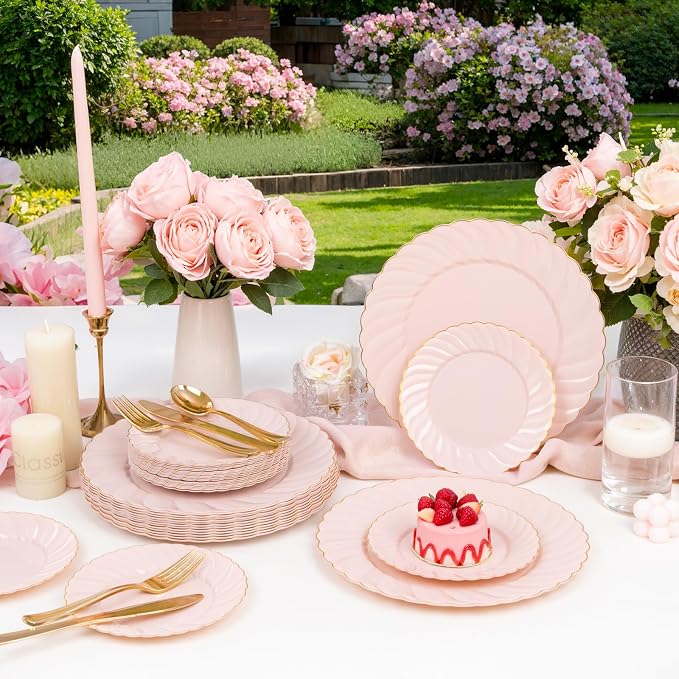 YOUBET 125PCS Pink Plastic Plates with Gold Rim for Wedding Birthday Party | Scalloped Plastic Plates Set Includes 25 Dinner Plate, 25 Dessert Plate, 75 Gold Silverware for 25 Guests Baby Shower