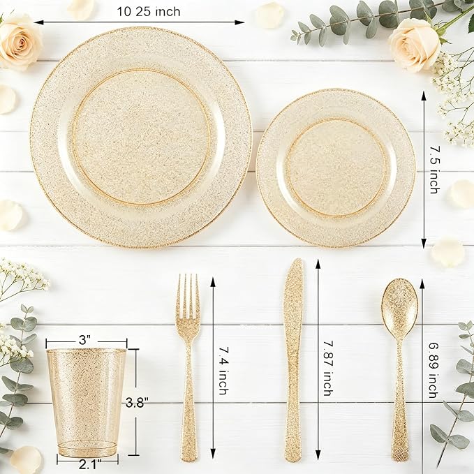 150Pcs Gold Disposable Plates,Gold Glitter Dinnerware Set for Party | Gold Plastic Plates Set Include 25 Dinner Plates 10.25’’, 25 Dessert Plates 7.5’’, 25 cups 10 oz, 75 Plastic Silverware Set