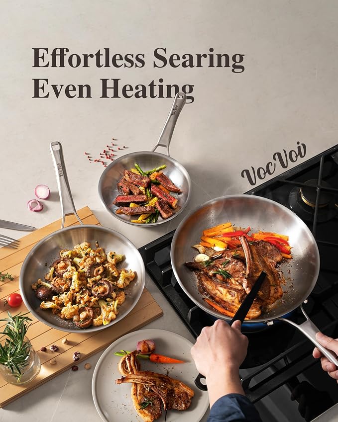 VocVoi Tri-Ply Stainless Steel Frying Pans Set,PFOA&PTFE Free Skillets,Chef's Pan Set(8+10+12inch) Frying Pans for cooking,Induction Cookware Sets,Dishwasher and Oven Safe Kitchen set