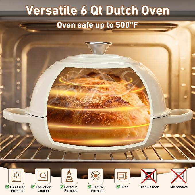 Cast Iron Dutch Oven with Lid, 6 Quart Enameled Bread Oven for Sourdough Baking, Round Heavy Duty Cast Iron Pot with Dome Lid, Cream White