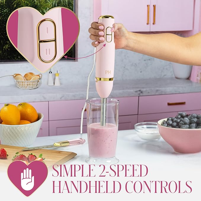Paris Hilton Hand Blender Set, 3-in-1 Immersion Blender with Whisk, Blending & Chopper Attachments, 400W High Speed, Pink with Gold Accents, Handheld Blender for Smoothies, Soups, Sauces, Cream, Pink