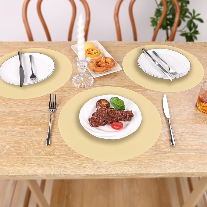 SHACOS 100 PCS Round Paper Placemats 13 inch Disposable Paper Place Mats for Dinner Wedding Birthday Party Festival Table Decoration Indoor Outdoor, Beige