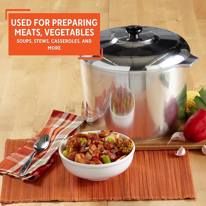 IMUSA USA Heavy Duty Cajun Aluminum Stock Pot 14 Quart, Silver | Brushed Finish, Side Handles and Bakelite Knob with Lid, Ideal for Soups and Stews, Great for Large Meals