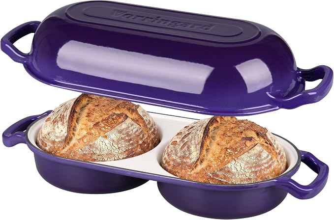 Enameled Cast Iron Double Dutch Oven with Lid, Dual Round Loaf Pan, Bread pan for Homemade Sourdough Bread Baking, Purple