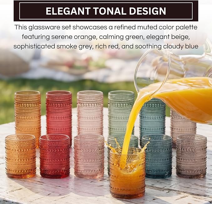 Hobnail Highball Glasses, Vintage Beaded Tumblers Set of 12, 14 & 11 oz | Vintage Beaded Design, Embossed Bubble Texture, Comfortable Grip, Ideal for Water, Whiskey, Cocktails, Wine & Mixed Drinks,