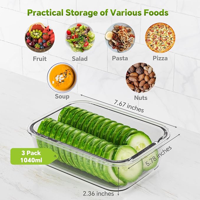 3-Pack 35 oz Borosilicate Glass Food Storage Containers with Lids, Stackable Airtight Glass Meal Prep Containers for Lunch & Leftover, BPA-Free & Leak Proof, for Microwave, Oven, Dishwasher