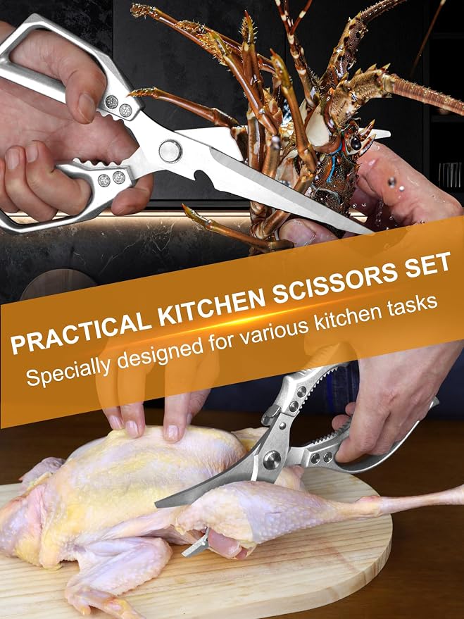 2 Pack Kitchen Shears, Heavy Duty Poultry Shears with Non-Slip Handle & Safety Lock, Spring Loaded, All Purpose Kitchen Scissors for Food, Meat Cutting, Chicken, Fish, Vegetables