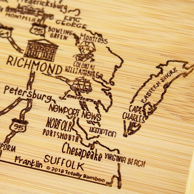 Totally Bamboo A Slice of Life Virginia Engraved Map Cutting Board | 11” x 8.75” charcuterie board with engraved state map artwork. Smooth reverse side for food prep. Hang tie for wall display.