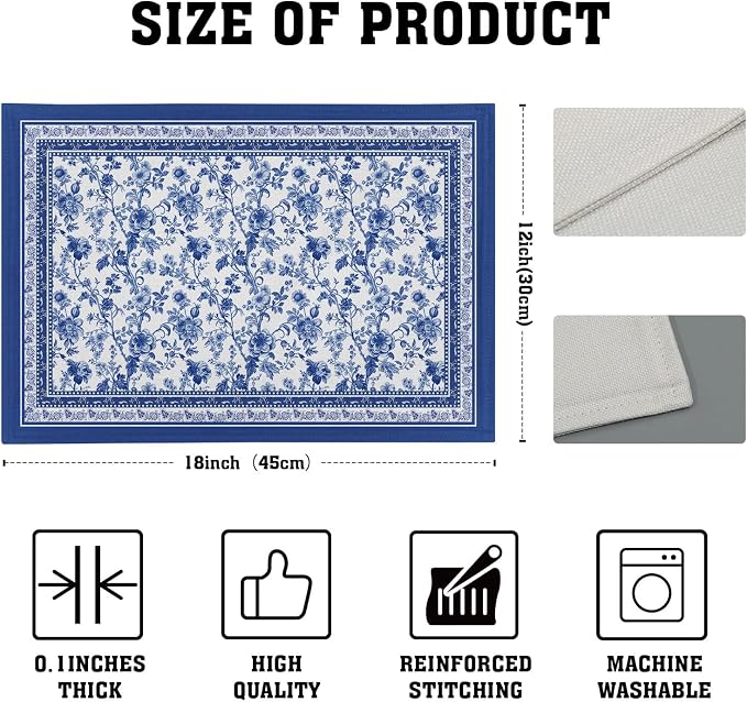 Blue Floral Branches Placemats Set of 4 ，12 x 18 Inch Chinoiserie Table Mats Washable Heat Resistant Linen Fabric Rectangle Place Mat for Indoor Outdoor Kitchen Dining Home Decor