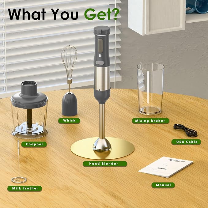 5-in-1 Cordless Immersion Blender with Rechargeable Handheld Battery | Variable-speed 2000mAh Battery，BPA-free&Dishwasher-safe, with Beaker, Chopper, Whisk & Frother for Kitchen, Grey