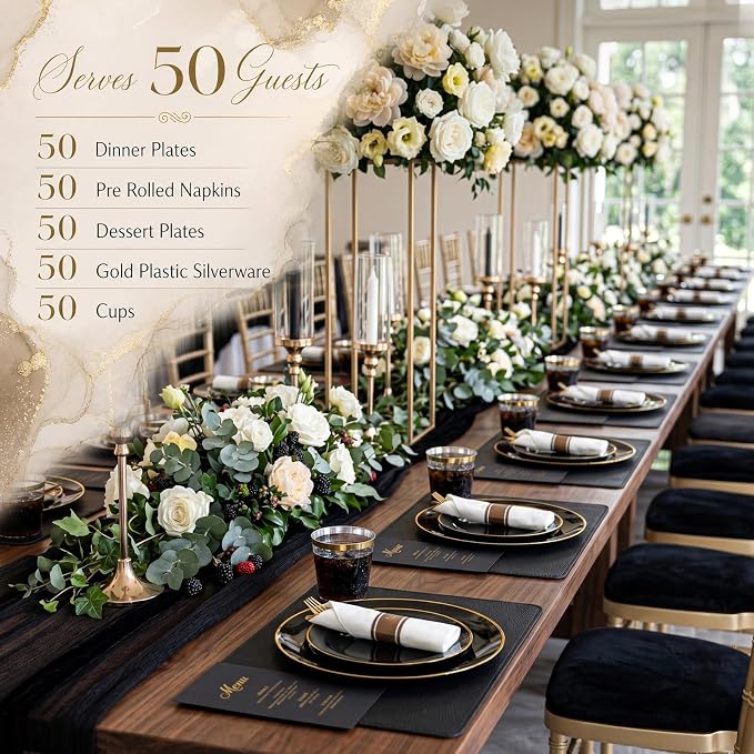 KIRE 350 PCS Black and Gold Plastic Plates - Plastic Dinnerware for Wedding | Include 100PCS Black Disposable Plates, 50PCSPre Rolled Napkins with Silverware & 50PCS Cups for Party/Halloween/New Year