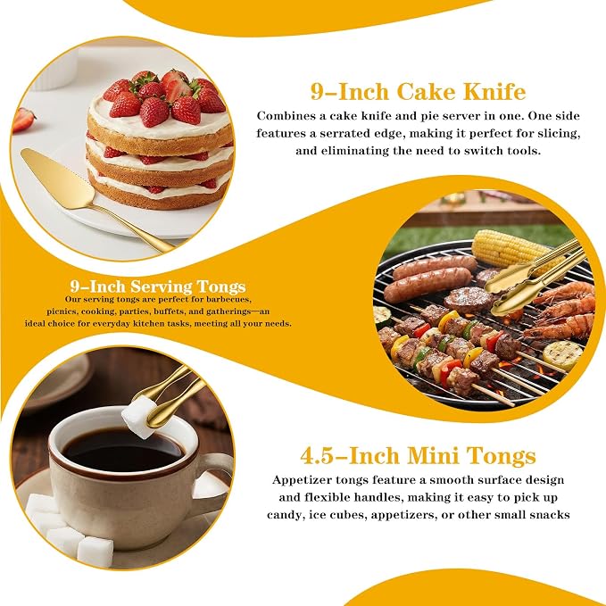 17pcs Gold Serving Utensils Set,Stainless Steel Large Serving Spoons,Slotted Spoon,Fork,Tongs,Cake Pie Server,Soup Spoon,Metal Buffet Banquet Cutlery for Parties Weeding Birthday Entertaining Catering