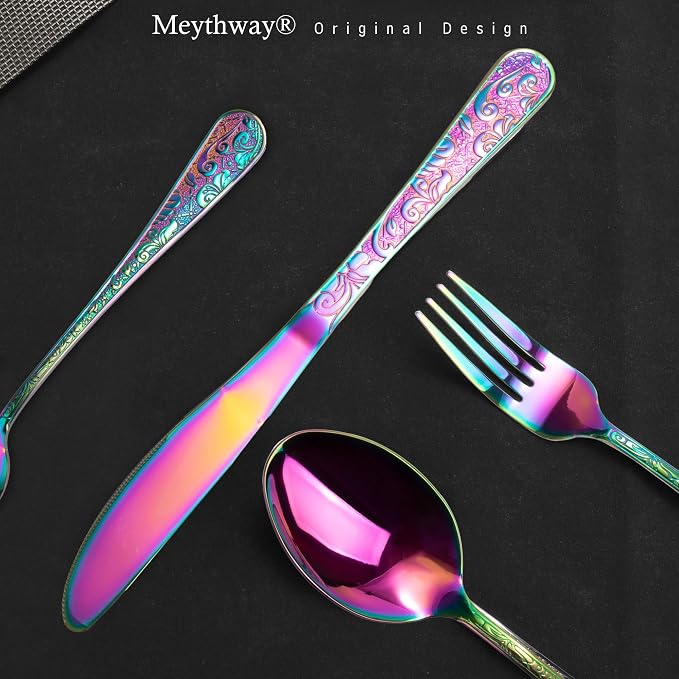 Meythway 40-Piece Vintage Carved Rainbow Silverware Set for 8, Stainless Steel Flatware Set with Knife/Fork/Spoon, Cutlery Set for Home and Kitchen, Utensil Set with Dishwasher Safe