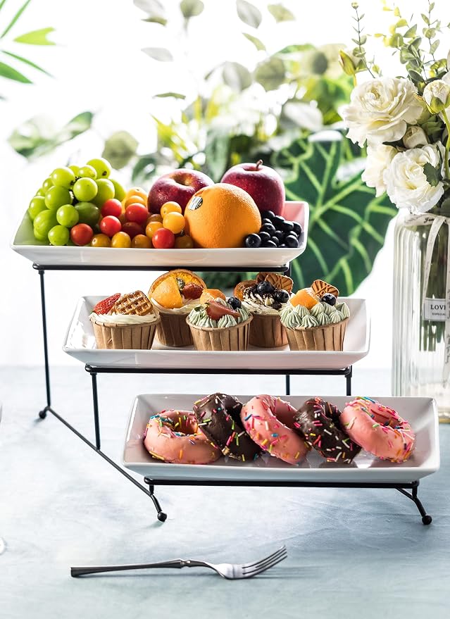 LYEOBOH 3 Tier Serving Tray, Tiered Serving Tray, Platters for Food Display | Tiered Serving Stand and Platters Set, 12 Inches Tier Serving Platter for Party, Dessert, and Cupcake, with Collapsible Rack