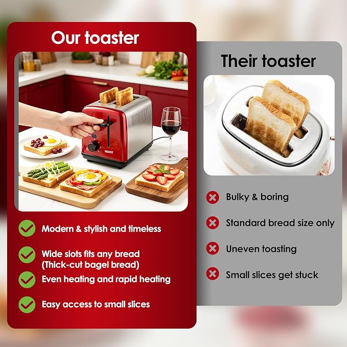Toaster 2 Slice, Stainless Steel, 6 Shade Settings, 1.5" Extra Wide Slots | NEXFIT Retro Toaster with Bagel, Defrost, Reheat & Cancel Functions, 900W, Removable Crumb Tray, High Lift, Cord Wrap, Red