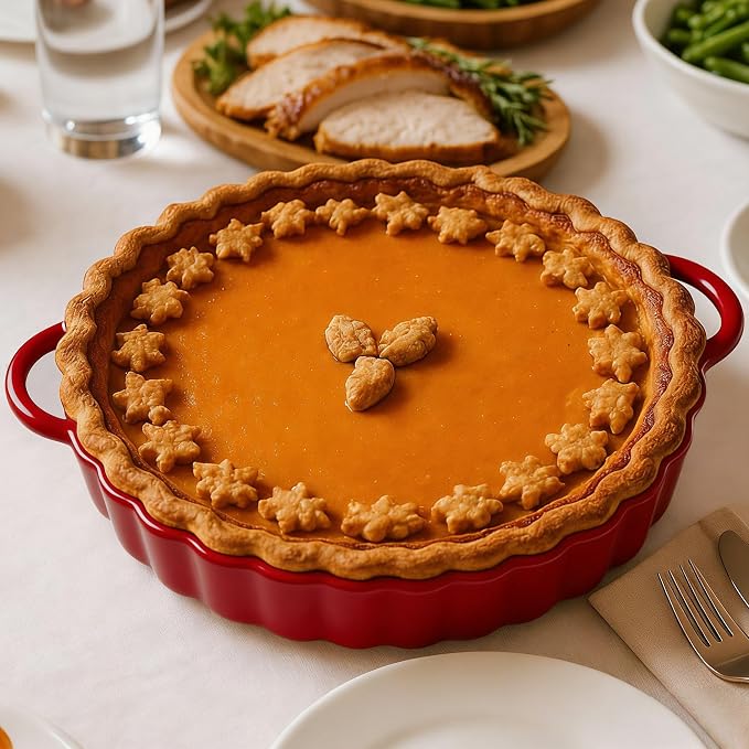 10×2in Deep Ceramic Pie Pan with Handles for Pie Quiche Tart Baking. Easy to grip, Lead-Free. Casserole Lasagna Dish for Thanksgiving Christmas Gift. Oven Microwave Dishwasher Safe. Red