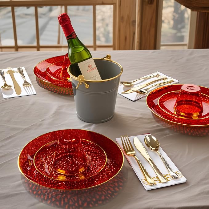 DaYammi 175PCS Clear Red Plastic Dinnerware Set, Hammered Disposable Plates for Mother's Day Party, Include: 25 Dinner Plates 25 Dessert Plates 75 Gold Silverware 25 Napkins 25 Cups for Wedding