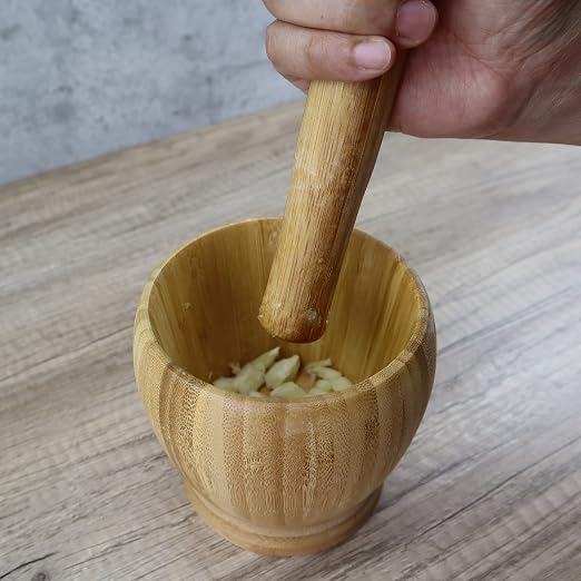 EIKS Bamboo Mortar & Pestle with Lid, Seasoning Crusher Bowl | For Grinding Garlic, Spices, Herb, Ginger, Peppercorns, Sesame, Kitchen Tool