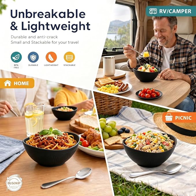 Cereal Bowls Sets of 6, Unbreakable & Lightweight Wheat Straw Bowls 26oz, Alternative to Plastic Bowl for Soup, Fruit, Salad, Microwavable Bowl for Kitchen, Camping, RV, Party - Black