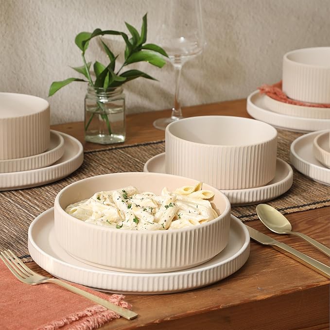 Gibson Elite Deerfield 16-Piece Stoneware Dinnerware Set – Cream White Reactive Glaze Plates and Bowls, Stackable Design, Service for 4 – Dishwasher & Microwave Safe