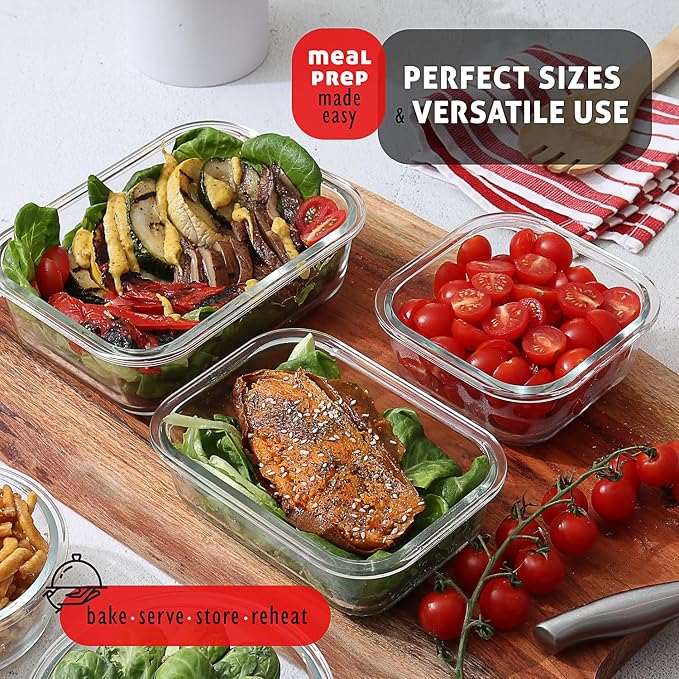 EATEX 32pc Glass Food Storage Containers with Lids, Airtight Glass Meal Prep Containers, 16 Reusable Food Storage Bins with 16 Leakproof Snap Lock Lids Oven Microwave Freezer Safe Lunch Containers