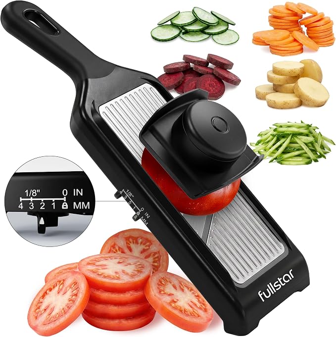 Fullstar - Handheld Mandoline Vegetable Slicer & Julienne Cutter | 2 in 1 Onion, Veggie & Fruit Slicer, 4 Thickness Settings with Finger Guard for Easy & Safer Slicing (Stainless Steel)