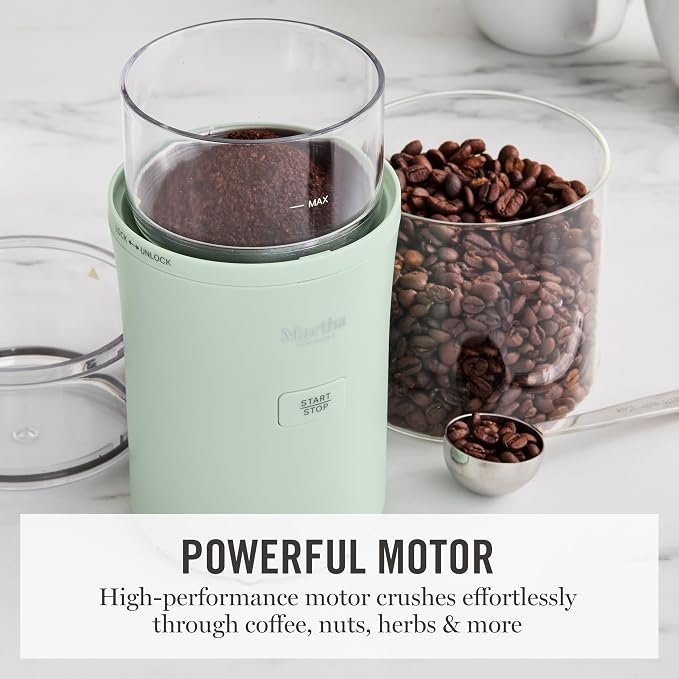 Martha Stewart Electric Coffee & Spice Grinder with Dual Bowls, Honeydew | Dual 2.5oz Removable Bowls for Coffee Beans, Nuts, Herbs & Spices, Stainless Steel Blade, One-Touch Pulse Control, Easy Clean