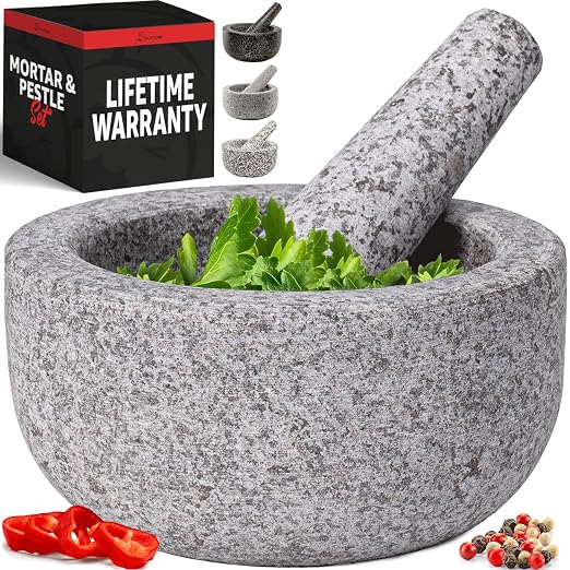 Heavy Duty Large 1.5 Cup Mortar and Pestle Set, 100% Natural Granite, 4.72 Inch Diameter Bowl, 6.2 Inch Pestle, Non-Slip Base, Stone Grinder for Guacamole Salsa Pesto Herbs Spices, Grey