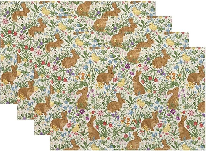 Easter Placemats Set of 4, Spring Rabbit Bunny Floral Flower Decorative Table Mat 12 x 18 Inch Heat Resistant Non Slip Line Fabric Place mat for Holiday Party Kitchen Dining Decor