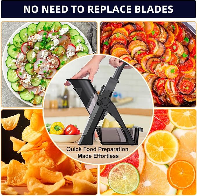 Safe Mandoline Slicer for Kitchen, Professional Vegetable Potato Slicer | 0.1-8 mm Adjustable Thickness, Food Chopper French Fry Cutte, Mandolin, Chopping Artifact Fast Veggie (just Slice, Black)