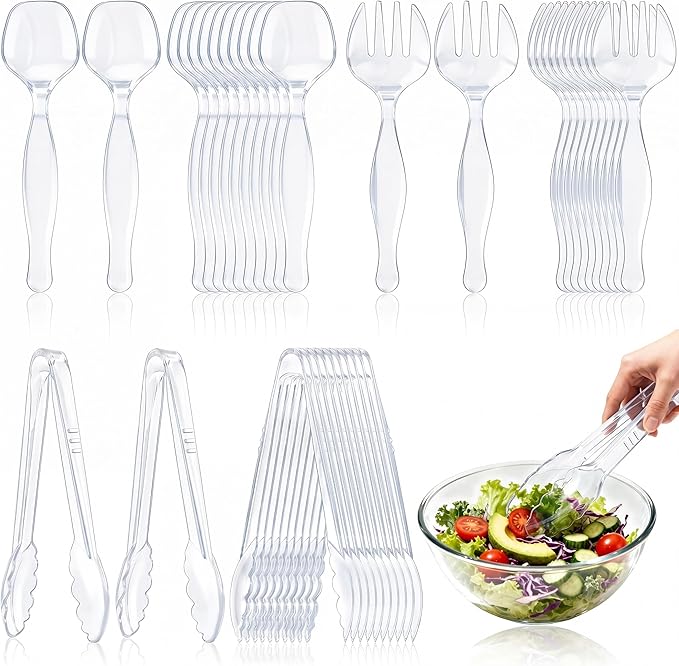 36Pcs Disposable Plastic Serving Utensils Set, 12 Clear Spoons, 12 Forks, 12 Tongs, 9-Inch for Party Buffet Catering Events, Heavy Duty and Ergonomic Design