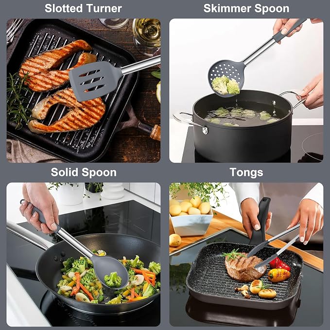 E-far Silicone Cooking Utensils Set, 7-Piece Gray Kitchen Utensils Set | Heat Resistant Nonstick Cookware with Stainless Steel Handle, Slotted Turner, Spoon, Soup Ladle, Pasta Server, Skimmer, Tongs