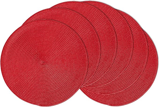 AHHFSMEI Round Placemats Set of 6 Heat Resistant Washable Non-Slip Woven Braided Table Mats for Dining Table Kitchen & Home Decor (red)