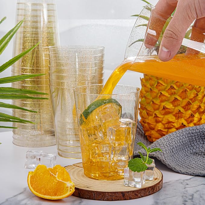 I00000 200pcs Gold Plastic Cups - 10 OZ Hard Gold Glitter Disposable Cups For Cocktail And Drinking - Premium Disposable Plastic Cup with Gold Glitter For Fancy Elegant Party Cup