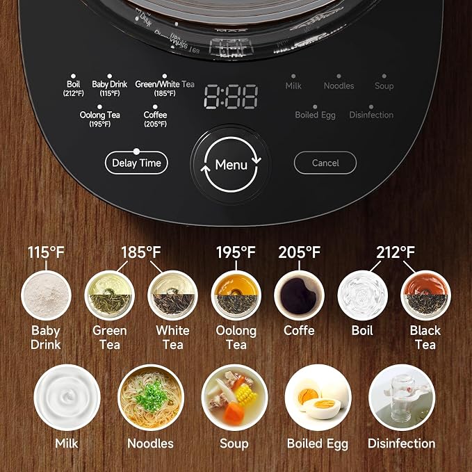 1200w Electric Kettle, 1.5L Borosilicate Glass tea kettle, Hot water kettle electric for Coffee or Tea, BPA Free, Auto Shut-Off, Stainless Steel, Fast Boil, Black