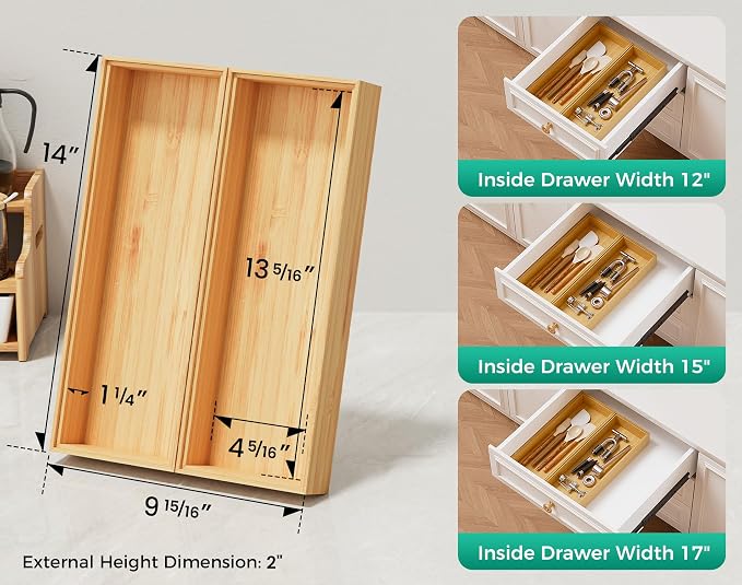 Bamboo Kitchen Drawer Organizer Boxes 14" x 5" Stackable Pantry Organizers | Set of 2 Wood Silverware Utensil Tray Drawers Bins Cutlery & Flatware Storage – Wooden Tray for Junk Drawer Bathroom Rv