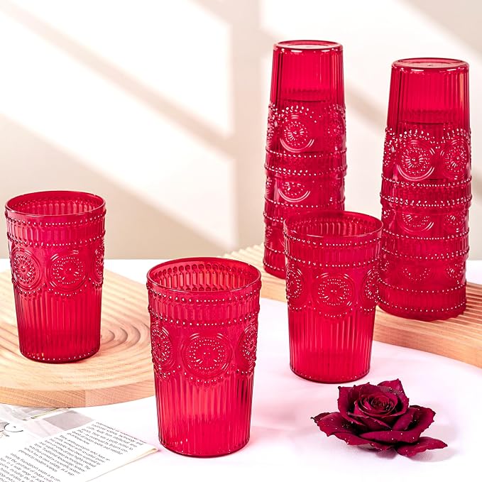 Ciaell 12 Pack Red Plastic Water Glasses for Parties Dinners | 14 oz Red Embossed Ribbed Vintage Drinking Cups, Heavy Duty Plastic, Beer Juice Beverages Wine for Outdoor Weddings