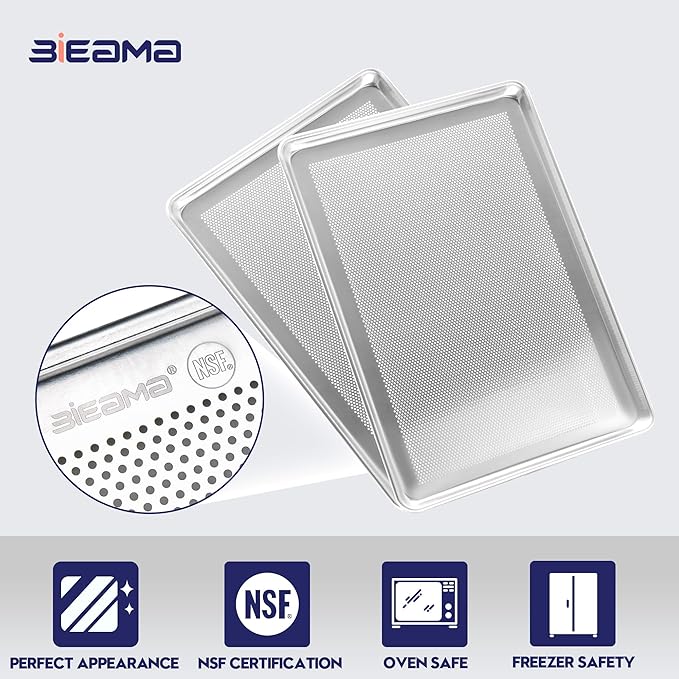 BIEAMA 6 Pack Full Size 18" x 26" Aluminum Baking Sheet Pan Perforated, Commercial Bakery Equipment Cookie Sheets, NSF Approved Baking Tray | Aluminum Commercial Bakery Equipment Cookie Sheets, NSF Approved Baking Tray