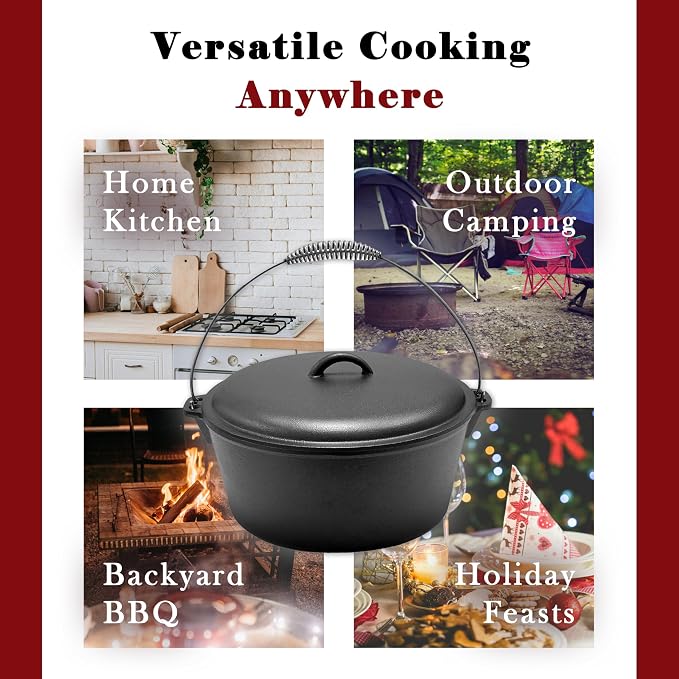 Cuisiland 9 Quart Cast Iron Dutch Oven with Dome Lid, Bail Handle | Pre-Seasoned Large Capacity