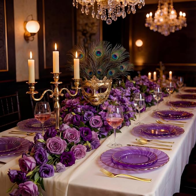 YOUBET 125PCS Clear Purple Plastic Plates with Gold Rim for Wedding | Clear Purple Disposable Plates Include 25 Dinner Plates 25 Dessert Plates 75 Gold Silverwares for Birthday Parties
