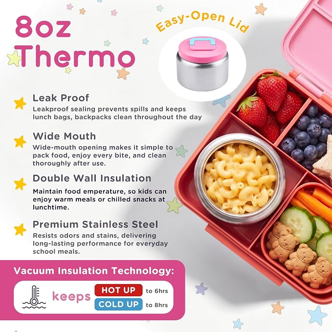 Bento Lunch Box for Kids with 8oz Soup Thermo Leak-Proof Lunch Food Containers with Snack Sauce Container for Kid Girls Boys to School,Pink Bag