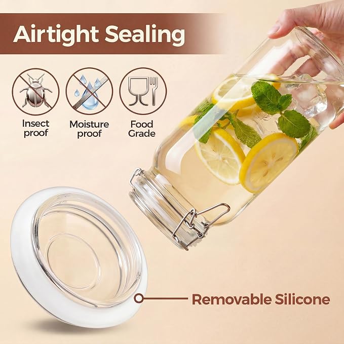 Square Glass Jars with Airtight Lids, Mason Jar with Clamp Lids Multi 5Pack | Air Tight Glass Food Storage Containers with Lids Keep Food Dry & Fresh, Best Canister for Flour, Sugar, Cereal, Rice, Coffee