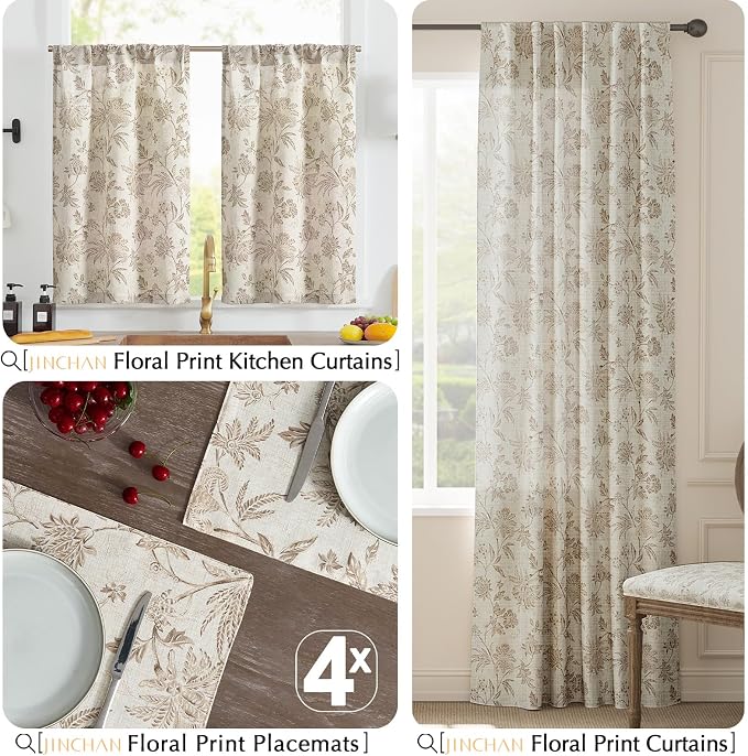 JINCHAN Sliva Linen Floral Placemats Set of 4 Farmhouse 13x19 Inch Taupe | Fabric Placemats, Cottage Style, Painterly Floral Pattern, Machine Washable, Easy to Store, Reusable