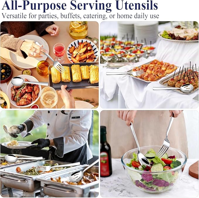 E-far Serving Utensils Set of 6, Stainless Steel Large Serveware Set | 2 Serving Spoons 2 Slotted Spoons 2 Forks for Buffet Parties Catering, Square Handle, Mirror Polished & Dishwasher Safe
