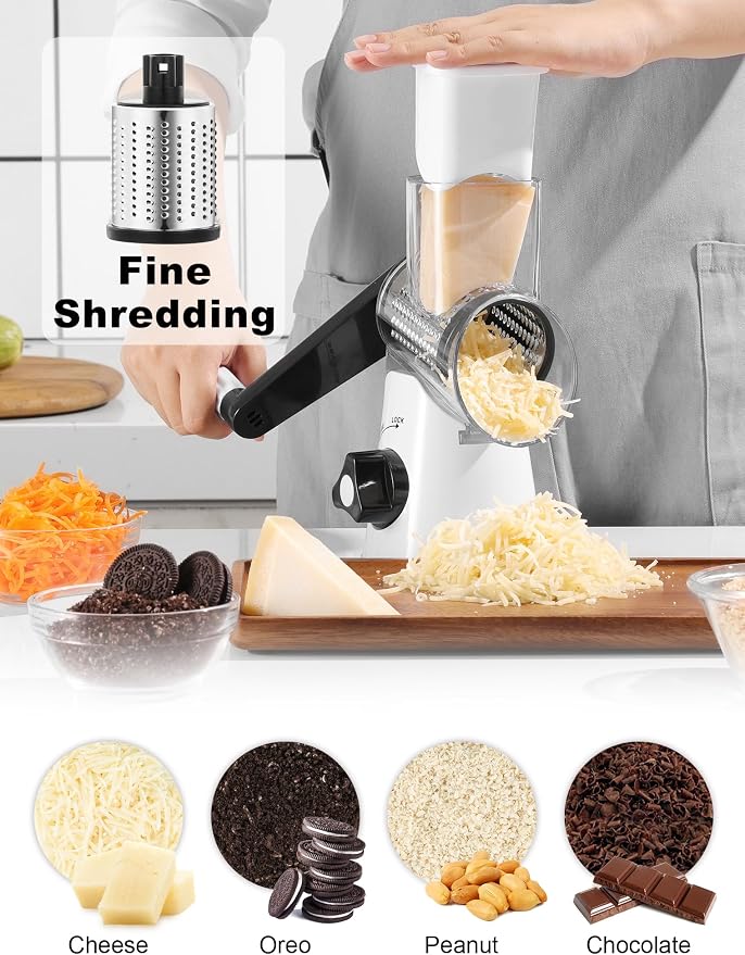 Cheese Grater Rotary, Rotary Grater for Kitchen, Kitchen Grater Vegetable Slicer with 3 Drum Blades, Fast Cutting Cheese Shredder for Vegetables and Nuts | 3 Stainless Steel Blades, 12x Fast Cutting, Non-slip Suction Base, No BPA, Dishwasher Safe, Easy...