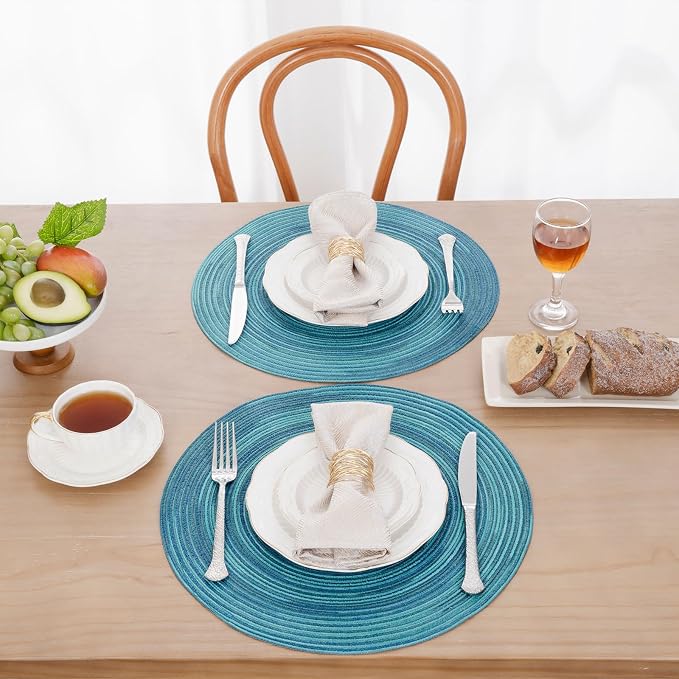 SHACOS 15 inch Round Placemats Set of 6 Variegated Multicolor Place Mats Cotton Polyester Braided Non Slip Washable Heat Resistant Table Mats for Home Wedding Dinner Party Table Decor, Rainbow Teal