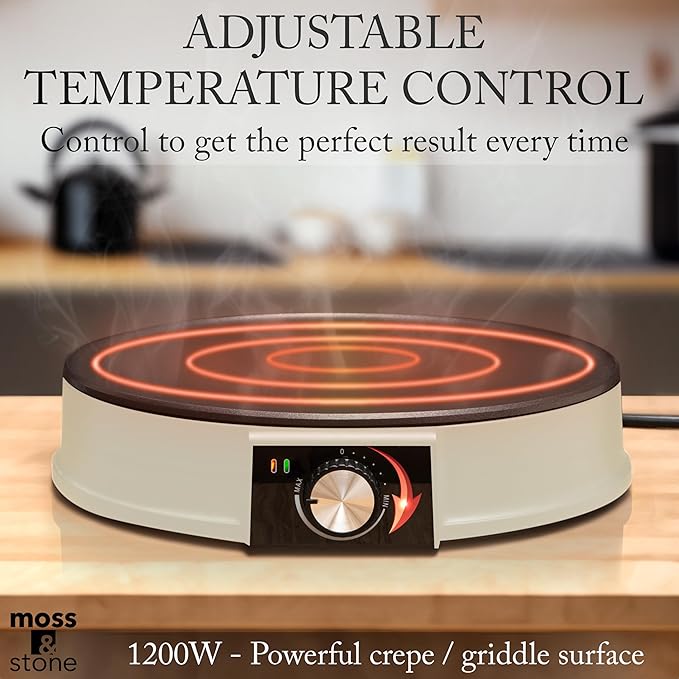 Moss & Stone 12” Electric Crepe Maker Machine, Griddle Nonstick Crepe Pan | Adjustable temperature, quick heat-up, even heating, non-slip feet, spreader & spatula included, for pancakes & tortillas
