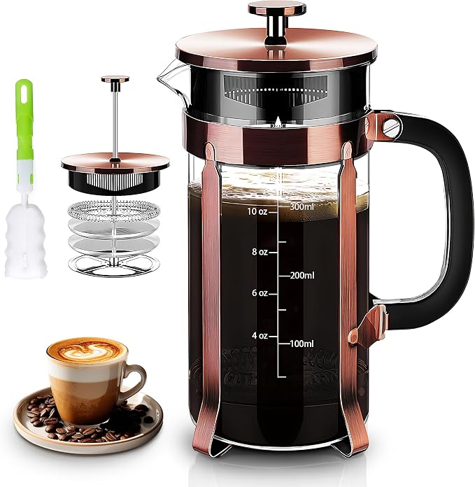 YMMIND French Press Coffee Maker 304 Stainless Steel Coffee Press,with 4 Filters System, Heat Resistant Thickness Borosilicate French Press Glass, BPA-Free Brewed Tea Pot Coffee Plunger(Copper 12oz)